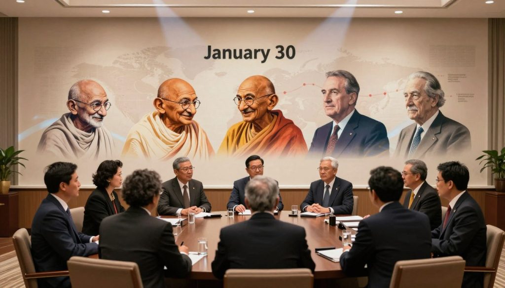 A harmonious collage representing cultural and historical events on January 30, featuring a well-lit, inviting scene. In the foreground, a diverse group of individuals in professional business attire engaged in thoughtful discussion around a historic table, symbolizing unity and reflection. The middle ground showcases iconic historical figures, such as Mahatma Gandhi and Franklin D. Roosevelt, artistically rendered in a silhouette style, merging into a vibrant timeline. The background depicts a softly illuminated world map, hinting at significant global events on this date, surrounded by ethereal light beams. The atmosphere is reverent and contemplative, with warm color tones and soft shadows, suggesting a moment of reflection and appreciation of history. Capture the essence with a wide-angle lens to enhance the depth and richness of the scene.