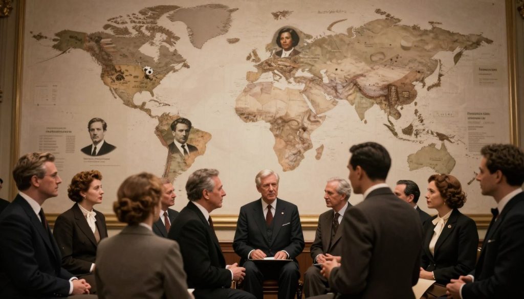 A historical montage capturing significant events from February 24 across different years. In the foreground, feature a diverse group of elegantly dressed people, men in suits and women in professional attire, engaged in animated discussion. In the middle, depict iconic representations of key historical moments—such as the signing of important treaties, significant speeches, and technological innovations—juxtaposed in a way that highlights their impact on global history. The background features a world map with notable locations marked, softly illuminated to suggest a sense of discovery and reflection. Use warm, ambient lighting to evoke a thoughtful mood, with a slight vignette effect to draw focus to the central figures and events. The overall composition should feel dynamic yet respectful, encapsulating the essence of historical significance.
