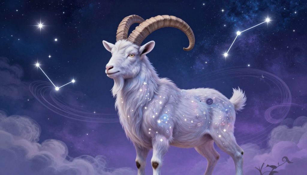 A majestic Capricorn zodiac sign representation, featuring a stylized goat emerging from a constellation of stars. In the foreground, a detailed and gracefully designed goat symbolizes determination and ambition, adorned with subtle celestial elements like twinkling stars and planetary motifs. The middle ground includes ethereal wisps of clouds and cosmic patterns, emphasizing the astrological theme. In the background, a deep, starry night sky with soft blue and purple hues creates a serene atmosphere, illuminated by points of light. Use soft, diffused lighting to enhance the celestial visuals and create a dreamy ambiance. Capture the essence of Capricorn's traits: discipline, wisdom, and resilience, with a harmonious blend of realism and fantasy, evoking a sense of wonder and introspection.