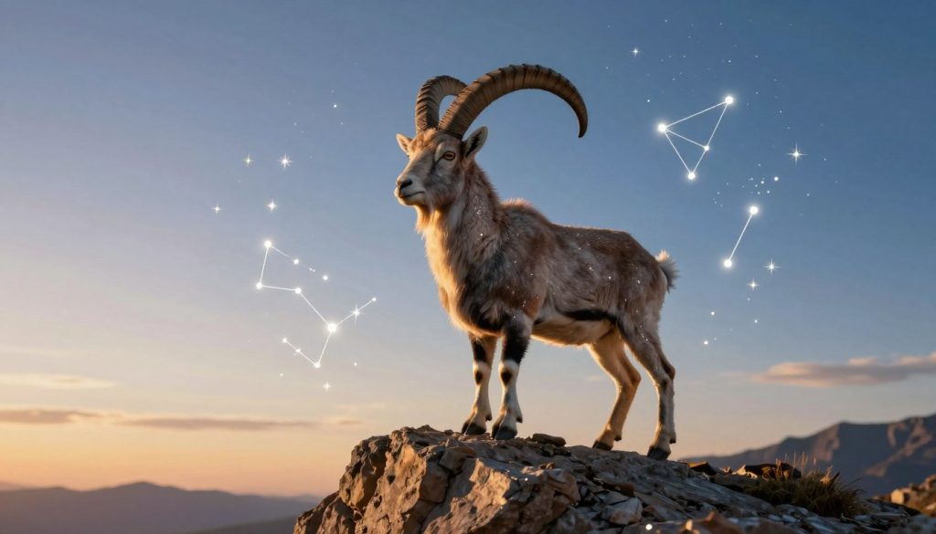 A mesmerizing illustration of the Capricorn zodiac sign, featuring a majestic mountain goat perched atop a rocky cliff, symbolizing determination and ambition. In the foreground, the goat's detailed fur glistens under the soft, golden light of a late afternoon sun, casting long shadows. The middle layer showcases the celestial elements of astrology, with shimmering stars and constellations swirling around the goat, creating a cosmic backdrop. In the background, a twilight sky transitions from soft blue to deep indigo, dotted with twinkling stars. The atmosphere is both mystical and serene, evoking a sense of introspection and connection to the universe. The composition should be balanced, capturing the essence of Capricorn, with a focus on clarity and color depth, ensuring a striking visual appeal for the article.
