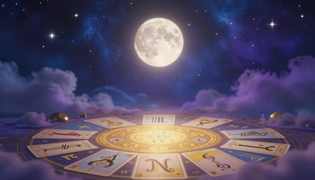 A mystical and captivating scene depicting numerology and zodiac forecasts for January. In the foreground, an ornate tarot card spread featuring the zodiac signs and numerological symbols, illuminated by soft golden light. The middle ground includes a celestial backdrop with twinkling stars and a radiant full moon, casting its glow over the symbols. In the background, ethereal clouds swirl in shades of deep blue and purple, enhancing the magical atmosphere. The composition should have a dreamy, insightful mood, inviting viewers to explore the mysteries of the universe. Use a soft focus lens effect to create a sense of wonder, with a balanced, harmonious color palette that emphasizes tranquility and wisdom.
