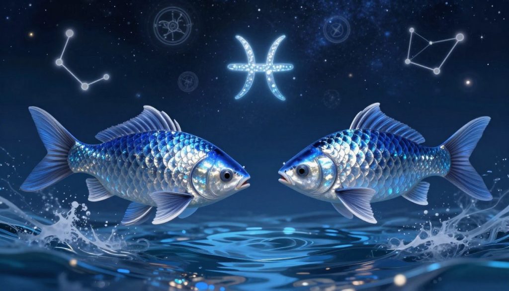 A mystical and enchanting representation of the Pisces zodiac, featuring two graceful fish swimming in opposite directions against a starry night sky. In the foreground, the fish are intricately detailed, adorned with shimmering scales that catch the light, reflecting hues of deep blue and silver. The middle ground showcases ethereal water elements, with flowing waves and gentle ripples, symbolizing the fluidity and adaptability of Pisces. The background reveals a celestial landscape filled with astrological symbols, constellations, and soft, glowing orbs of light, creating a serene and introspective atmosphere. The lighting is soft and dreamlike, evoking a sense of calm and introspection, and the angle captures a slightly elevated viewpoint, inviting the viewer to immerse themselves in this cosmic depiction of Pisces astrology.