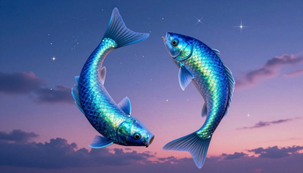 A mystical and enchanting representation of the Pisces zodiac sign, featuring two gracefully swimming fish intertwined in a cosmic dance, symbolizing duality and intuition. In the foreground, the fish should be adorned with iridescent scales that shimmer in shades of blue and green, reflecting the ethereal qualities of water. The middle ground should include celestial elements, like twinkling stars and gentle wisps of clouds, creating a dreamy atmosphere. In the background, a soft gradient of twilight colors—deep indigo merging into twilight pink—conveys a sense of tranquility. The lighting should be soft and diffused, casting a gentle glow on the scene. The overall mood is serene and introspective, inviting viewers to reflect on their inner wisdom and emotional depth.
