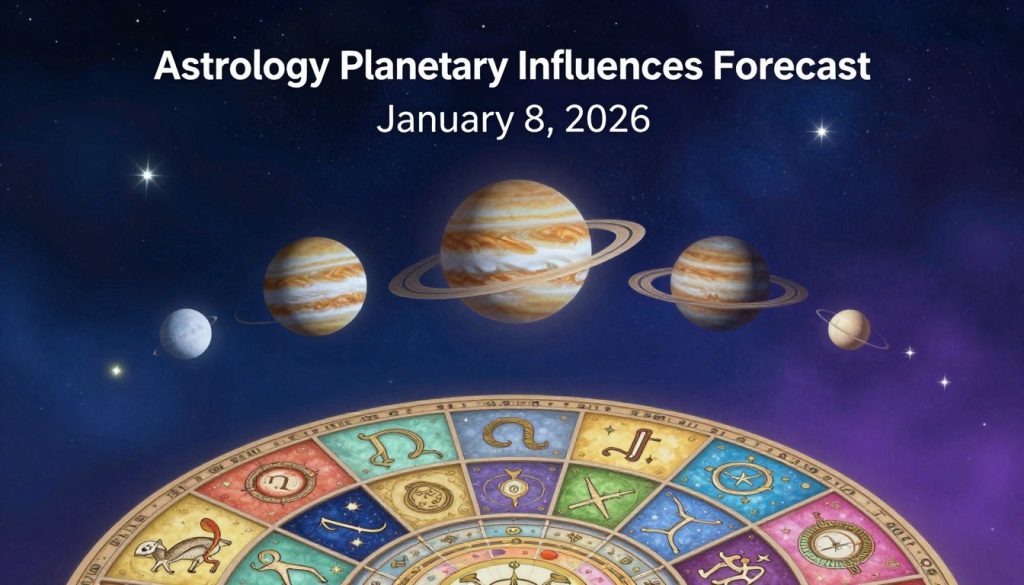 A mystical and ethereal representation of "Astrology Planetary Influences Forecast" for January 8, 2026. In the foreground, a beautifully designed astrological wheel showcases the twelve zodiac signs, intricately detailed with celestial symbols and vibrant colors. In the middle ground, shimmering planets such as Jupiter and Saturn align in a cosmic dance, surrounded by twinkling stars against a deep indigo night sky, hinting at the celestial influences of the day. The background features a subtle gradient of blues and purples, evoking a sense of wonder and harmony. Soft, ambient lighting enhances the celestial feel, creating an inviting atmosphere. Capture the essence of astrology with a dreamy, cosmic aesthetic, focusing on the intricate details of the zodiac signs and planetary positions, without any text or overlays.