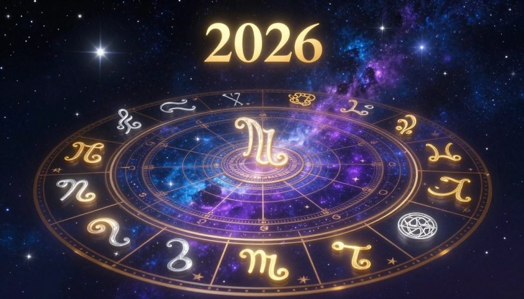 A mystical and inviting scene depicting a celestial birthday horoscope forecast for the year 2026. In the foreground, elegantly designed astrological symbols representing the twelve zodiac signs, glowing softly in gold and silver hues. The middle layer features a detailed, ornate astrological wheel, blending rich blue and purple tones, symbolizing the cosmic influences for the year ahead. In the background, a starry night sky filled with shimmering stars and nebulae, creating a sense of depth and wonder. Soft, ethereal lighting highlights the intricate designs, casting gentle shadows. The mood is both reflective and optimistic, inviting viewers to explore their personal horoscopes with a sense of curiosity and intrigue.