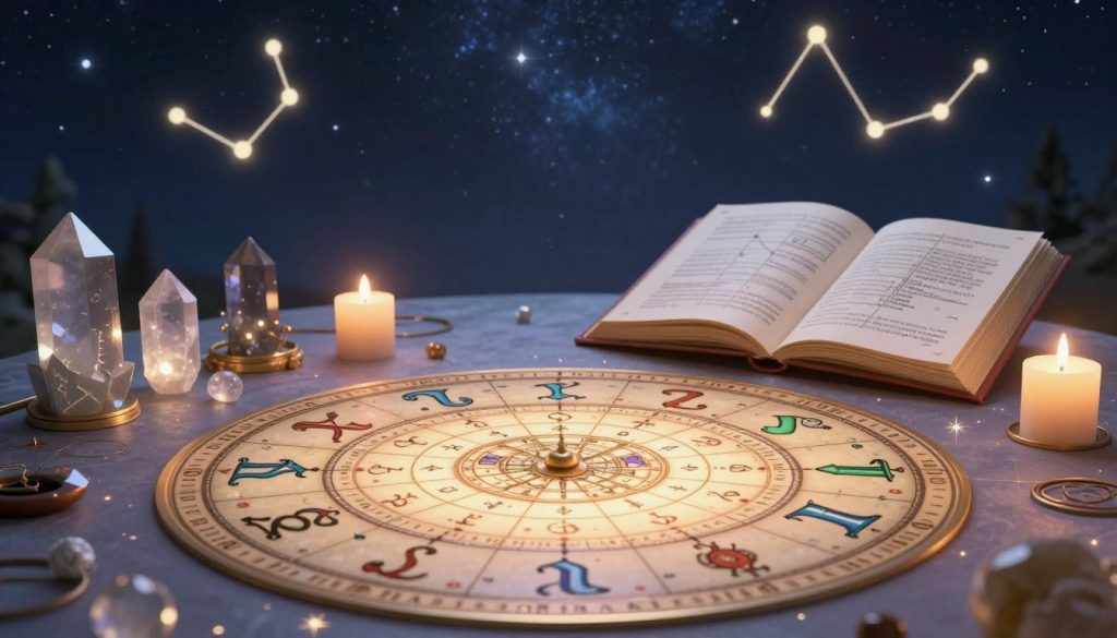 A mystical astrology setting showcasing a detailed yearly birth chart. In the foreground, an ornate astrological wheel intricately designed with zodiac symbols and celestial artistry, surrounded by glowing astrological aspects. In the middle, a softly lit table displaying astrological tools such as crystals, candles, and an open astrology book filled with charts and notes. In the background, a starry night sky illuminated by constellations, with a gentle celestial glow casting a serene atmosphere. The lighting is soft and ethereal, evoking a sense of wonder and exploration of one's destiny. The scene portrays a harmonious blend of ancient wisdom and modern insights, inviting viewers to delve into personal astrological forecasts.