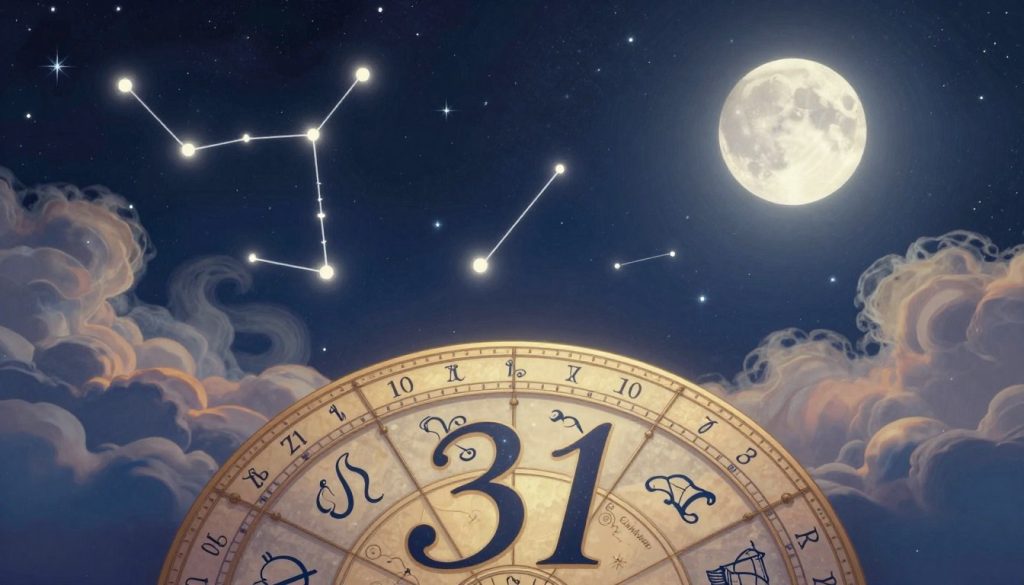 A mystical, celestial-themed illustration symbolizing the December 31 birthday horoscope and numerology. In the foreground, a beautifully designed astrological wheel featuring zodiac signs and a large, prominent number "31" in elegant script. The middle ground showcases ethereal constellations twinkling in a rich, starry night sky, framing the wheel. The background features soft, swirling clouds illuminated by the moonlight, casting a serene glow over the scene. Soft, ambient lighting creates a magical atmosphere, enhancing the mystique of astrology and numerology. Capture a sense of wonder and introspection, inviting viewers to reflect on their personal journeys and celestial connections. Ensure the image remains captivating and artistic, without any text or overlays.