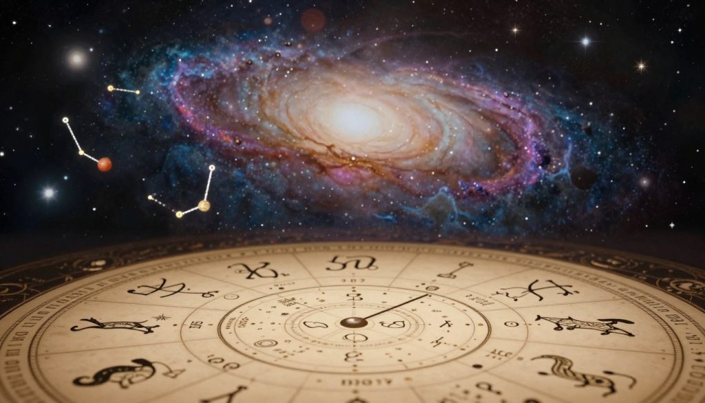 A mystical composition focusing on birthday astrology and numerology insights. In the foreground, display elegant astrological symbols and a beautifully designed natal chart, adorned with intricate zodiac signs and planetary alignments. In the middle ground, showcase a cosmic backdrop filled with vibrant constellations and celestial bodies, capturing a sense of wonder and significance. The background should feature swirling galaxies and a night sky, illuminated by soft shimmering stars, creating an ethereal atmosphere. Use warm, inviting lighting that highlights the richness of color. The overall mood should be contemplative and insightful, inviting the viewer to reflect on the significance of their birth date while incorporating a blend of modern and traditional aesthetics. The composition should maintain a clean and professional appearance, free from any text overlays or distractions.