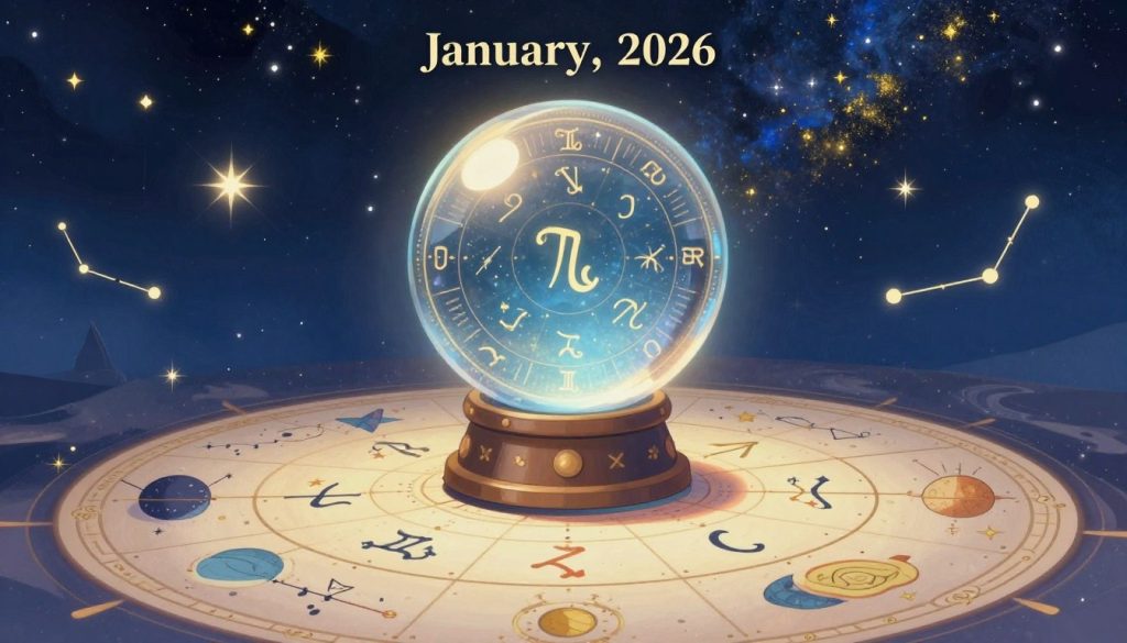 A mystical, cosmic-themed illustration depicting astrological forecasts for January 25, 2026. In the foreground, an ornate astrology chart with zodiac symbols, star constellations, and whimsical illustrations of celestial bodies. In the middle ground, a beautifully detailed crystal ball emitting a soft glow, reflecting the signs of the zodiac. The background features a starry night sky filled with vibrant hues of deep blue and shimmering gold, evoking a feeling of wonder and contemplation. Soft, ethereal lighting casts gentle shadows, enhancing the magical atmosphere. The overall mood is introspective and enlightening, capturing the essence of astrological insights.