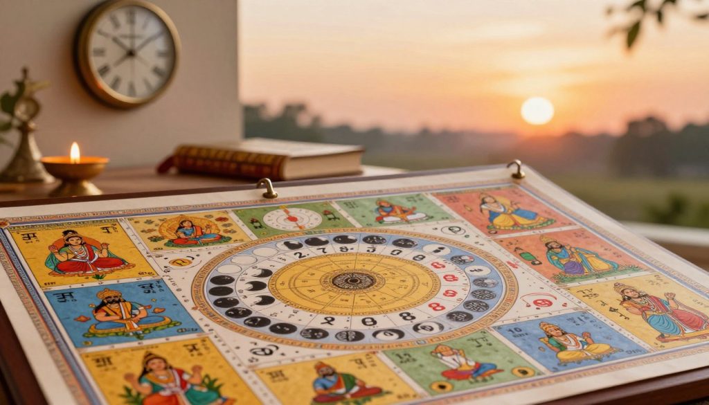 A richly detailed Hindu Panchang calendar displayed prominently in the foreground, featuring intricate symbols, colorful illustrations, and traditional motifs. Layers of vibrant artwork highlight lunar phases, astrological signs, and significant dates. In the middle ground, a subtle depiction of a serene domestic setting with a wall clock, an oil lamp, and sacred texts representing Vedic traditions, gradually transitioning into a calm and harmonious background of nature, perhaps a sunrise or sunset scene with gentle hues of orange and gold. Soft, diffused lighting creates an inviting atmosphere, enhancing the spiritual essence of the calendar. The overall mood should convey a sense of reflection and cultural heritage, encapsulating the significance of the Hindu timekeeping system without the presence of any text or human figures.