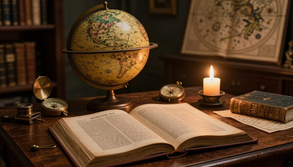 A serene and atmospheric depiction of January 4, highlighting its historical and astrological significance. In the foreground, an open ancient manuscript lies on a beautifully crafted wooden table, revealing historical events and notable figures born on this day, illuminated by soft, warm candlelight. In the middle ground, a celestial globe depicts astrological symbols and constellations, surrounded by various historical artifacts like a compass and astrological charts. The background features a dimly lit room with shelves filled with ancient books and star maps, giving a scholarly vibe. The scene is bathed in a soft, ethereal glow, evoking curiosity and wonder about the past and the stars. The mood is reflective and contemplative, inviting viewers to explore the depths of history and astrology.
