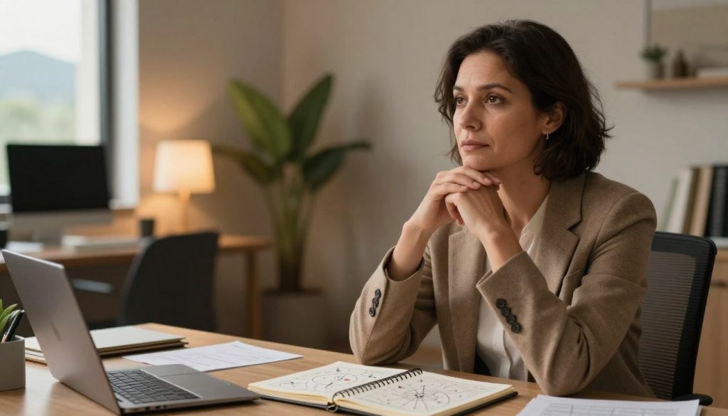 A serene and contemplative scene embodying the personality traits of a Capricorn born on December 29. In the foreground, depict a thoughtful individual in professional business attire, seated at a desk with a planner and astrological charts. Their expression should convey determination and wisdom, symbolizing Capricorn's hardworking, ambitious nature. The middle ground features a cozy office space with earthy colors and elements like a mountain view or a calming indoor plant, representing stability and reliability. In the background, soft, warm lighting filters in through a window, creating an inviting atmosphere that emphasizes introspection and focus. The overall mood should be professional yet warm, celebrating the strong traits of Capricorns while subtly incorporating elements of their astrological significance.
