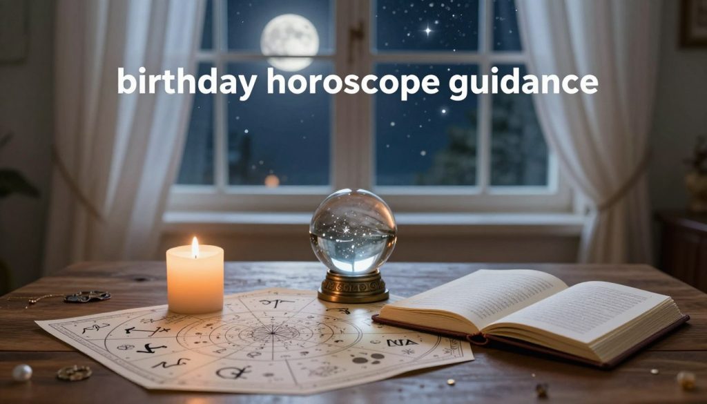 A serene and inspiring scene representing "birthday horoscope guidance" set in a cozy, softly lit room. In the foreground, an elegant astrological chart featuring zodiac symbols and planetary alignments on a wooden table. A candle, casting a warm glow, sits beside a beautifully designed journal with floral motifs, open to a page filled with notes. In the middle, a crystal ball reflects hints of stars and constellations. The background showcases a large window framed by flowing curtains, through which moonlight shines, illuminating a calming night sky filled with twinkling stars. The overall atmosphere is mystical and inviting, with a focus on enlightenment and introspection, perfectly embodying the essence of horoscopes and personal guidance for the special day.