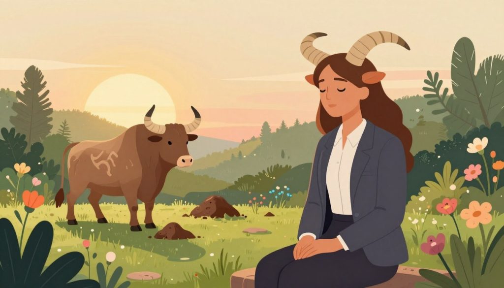 A serene and inviting illustration of the Taurus zodiac sign, showcasing key personality traits such as practicality, reliability, and sensuality. In the foreground, a graceful figure represents Taurus, dressed in professional business attire, seated in a tranquil garden filled with lush greenery and vibrant flowers. The middle ground features symbols associated with Taurus, like a bull and earth elements, integrated harmoniously into the landscape. The background showcases a soft, golden sunset, casting warm light over the scene, adding a sense of calm and stability. The overall mood is grounded and nurturing, reflecting the steadfast nature of Taurus individuals. The composition should capture a blend of earthy tones and gentle pastels, creating a visually appealing balance.