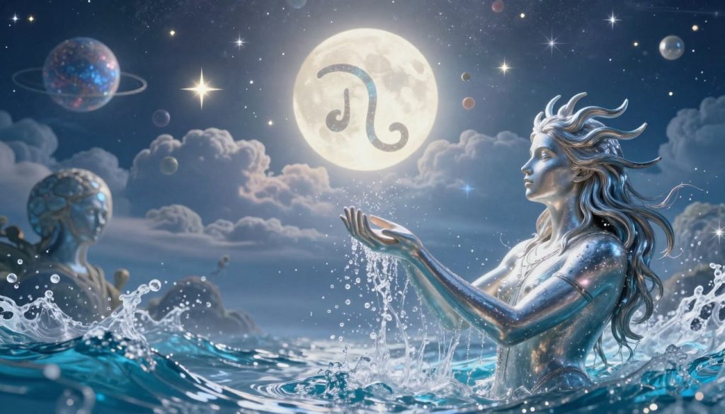 A serene and mystical representation of the Aquarius zodiac sign, featuring a flowing water bearer in the foreground, gracefully releasing sparkling water droplets that shimmer with cosmic energy. The middle ground showcases an ethereal sky filled with celestial bodies and ethereal clouds, glowing softly under a soft, moonlit glow. Each star twinkles in harmony, embodying the innovative spirit of Aquarius. In the background, abstract representations of air and water elements intermingle, symbolizing balance and freedom. The lighting is dreamy and ambient, casting a calming aura. The composition should evoke a sense of tranquility, curiosity, and the promise of new insights. The scene embodies the positive energy of Aquarius's daily horoscope, rich with colors of blue and silver to reflect the air and water elements.