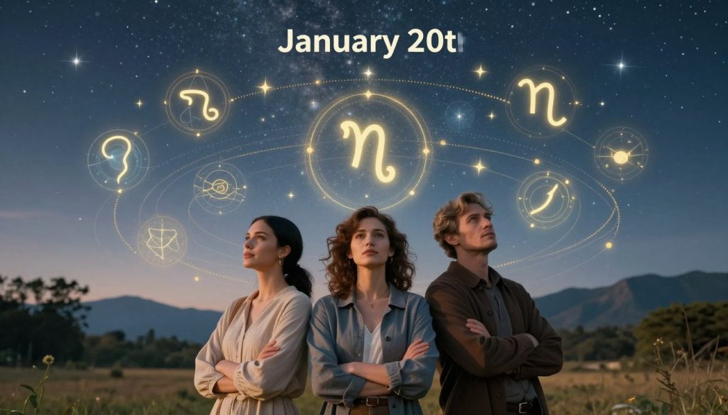A serene and mystical representation of the astrological blend of personality traits for individuals born on January 20th. In the foreground, a diverse group of three carefully dressed adults, two women and one man, embody traits like ambition, creativity, and introspection, standing together in a visually harmonious pose. The middle layer features swirling celestial symbols and zodiac icons, such as Aquarius and Capricorn, intermingling with soft hues of blue and gold, suggesting a balance of energies. In the background, a starry night sky illuminates a peaceful landscape with hints of mountains and trees, evoking a sense of wonder and possibility. The mood is reflective and inspiring, with gentle lighting casting warm tones on the figures, emphasizing their connection to the cosmos. Use a wide-angle lens to capture depth and ensure a tranquil atmosphere.