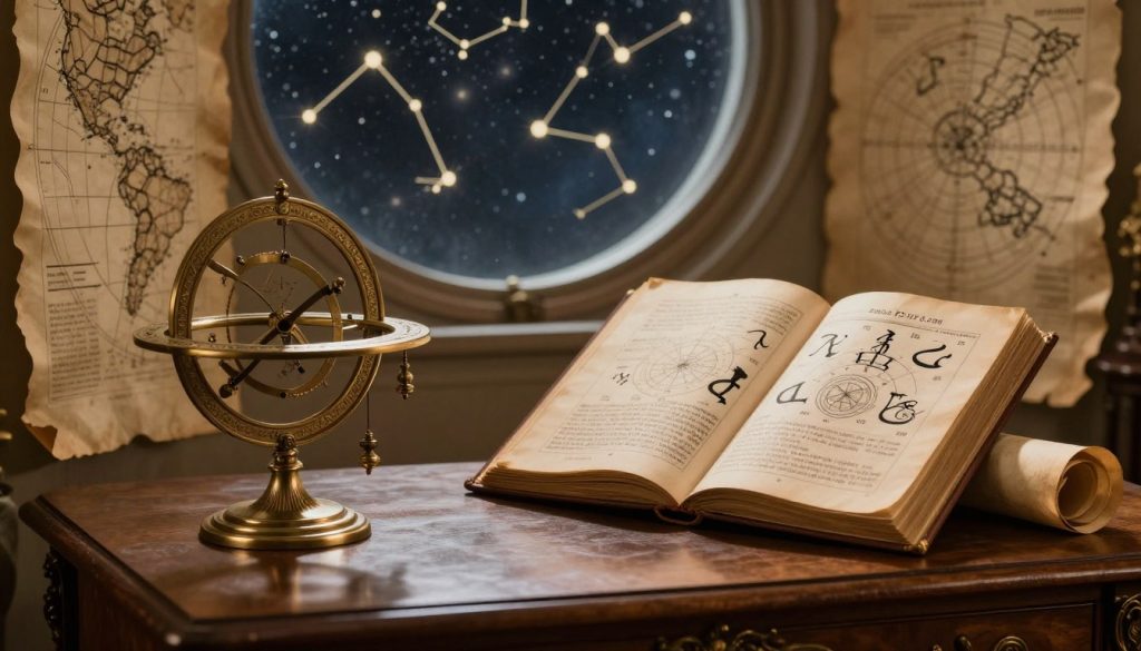 A serene and mystical scene blending historical reflections of astrology, featuring a celestial map overlaid on a vintage parchment backdrop. In the foreground, an elegant astrolabe and scroll, symbolizing ancient astrological practices, rest on an ornate wooden desk. Soft, warm lighting illuminates the scene, casting gentle shadows that enhance the intricate details. In the middle ground, an open book displays beautifully illustrated zodiac symbols, suggesting a connection to today's date, February 17, 2026. Behind, a dreamy night sky filled with constellations subtly reflected in a large, round window, conveying a sense of wonder and contemplation. The overall atmosphere is tranquil and reflective, inviting viewers to ponder the significance of astrology in today's historical context.