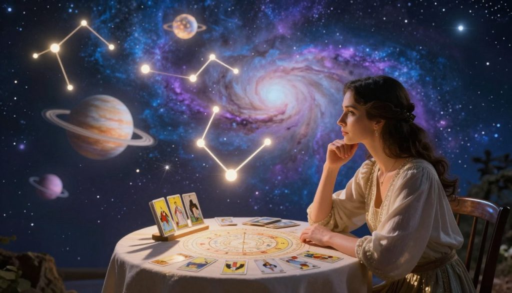 A serene and mystical scene depicting astrological guidance amidst a celestial backdrop. In the foreground, an elegant, well-dressed figure is seated at a small table, gazing thoughtfully at a spread of astrological charts and tarot cards, symbolizing life challenges and guidance. The middle layer features glowing constellations and planets intricately designed, radiating soft, ethereal light, casting gentle shadows on the table. In the background, a swirling nebula filled with vibrant blues and purples enhances the cosmic atmosphere, evoking a sense of wonder and introspection. The lighting is warm and inviting, with a focus on softer contrasts to convey tranquility and insight. The overall mood is reflective, encouraging viewers to ponder their astrological paths through life's challenges.
