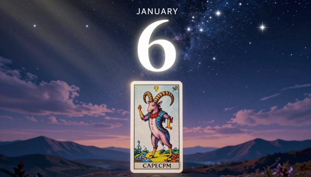 A serene astrological theme for January 6 birthday horoscope insights. In the foreground, a beautifully designed tarot card featuring the zodiac sign Capricorn, illustrated with intricate details and vibrant colors. The middle layer showcases a celestial background filled with a starry night sky, shimmering stars, and ethereal clouds. Soft light radiates from the left side, creating a mystical glow that highlights the card and stars. In the background, a distant mountain range under a twilight sky adds depth to the scene. The overall mood is contemplative and inspiring, evoking a sense of wisdom and reflection for those born on this day. The composition should be visually balanced and harmonious, celebrating the uniqueness of the January 6 horoscope.