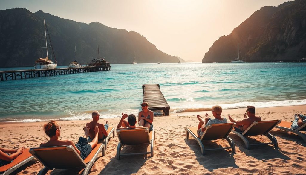 A serene beach scene with a picturesque coastal landscape. In the foreground, a group of travelers relaxing on sun loungers, their feet dipped in the gently lapping turquoise waters. The middle ground features a traditional wooden pier stretching into the distance, with sailboats and yachts dotting the horizon. The background showcases a rugged, mountainous coastline bathed in warm, golden sunlight, creating a sense of tranquility and adventure. The overall atmosphere conveys the joy of discovering new destinations and the freedom of exploring the world.