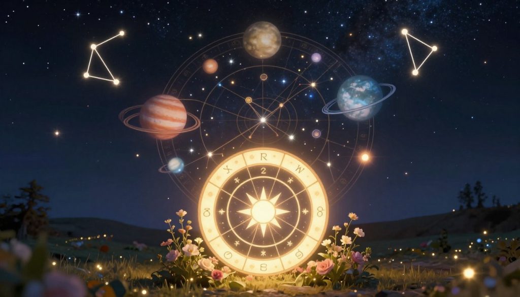 A serene celestial landscape depicting the interconnection of love, health, and energy through astrology. In the foreground, a glowing zodiac wheel surrounded by delicate floral arrangements, symbolizing love and nurturing. The middle ground reveals an astrological chart with planets in motion, softly illuminated by ethereal light, reflecting vitality and balance. The background features a starry night sky with shimmering constellations, creating a mystical ambiance. Gentle twinkling lights suggest positive energy and harmony. Soft, warm lighting enhances the sense of tranquility, and the image is captured with a medium focal lens to ensure depth and clarity. The overall mood is uplifting and inspiring, inviting viewers to contemplate the harmonious relationship between astrology and daily life.