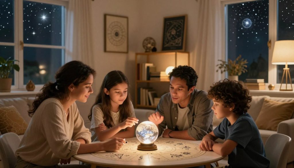 A serene family scene set in a cozy living room, warmly lit by soft, golden light filtering through large windows. In the foreground, a diverse family of four—parents, a teenage daughter, and a young son—are gathered around a circular table adorned with astrological symbols and a crystal ball. They are engaged in lively conversation, looking at star charts and discussing their horoscopes. In the middle ground, shelves filled with books about astrology and relationships, along with astrological art pieces, create a nurturing atmosphere. In the background, a faintly illuminated night sky can be seen through the windows, dotted with twinkling stars and celestial bodies, enhancing the mystical feel. The overall mood is harmonious, inviting, and introspective, symbolizing the connection between astrology and family relationships.