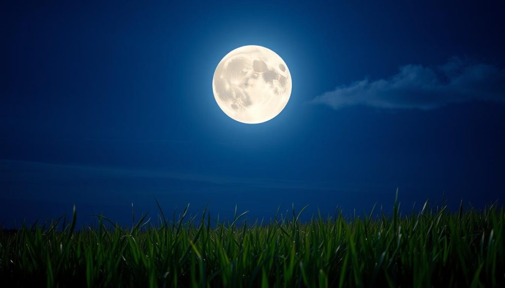 A serene, full moon in the night sky, its soft, ethereal glow illuminating a tranquil landscape below. The moon is positioned prominently in the center, its craters and shadows clearly visible. The sky is a deep, inky blue, with wispy clouds trailing across its expanse. In the foreground, a field of lush, verdant grass sways gently in a light breeze. The overall atmosphere is one of calming, contemplative energy, perfectly capturing the essence of a "Moon Alert and Energies Today" horoscope for the Aries sign.