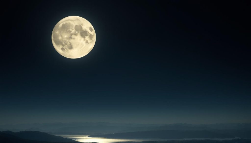 A serene, high-resolution image of a majestic full moon hanging in a clear midnight sky over the United States. The moon's surface is bathed in a soft, ethereal glow, casting a gentle, ambient light across a tranquil landscape below. The foreground features a silhouetted horizon line of rolling hills or distant mountains. The middle ground showcases a calm, reflective body of water, mirroring the moon's radiance. The overall atmosphere is one of peaceful contemplation, evoking a sense of timeless wonder and natural harmony. Crisp, realistic details and a cinematic, dramatic lighting create a visually captivating, evocative scene.