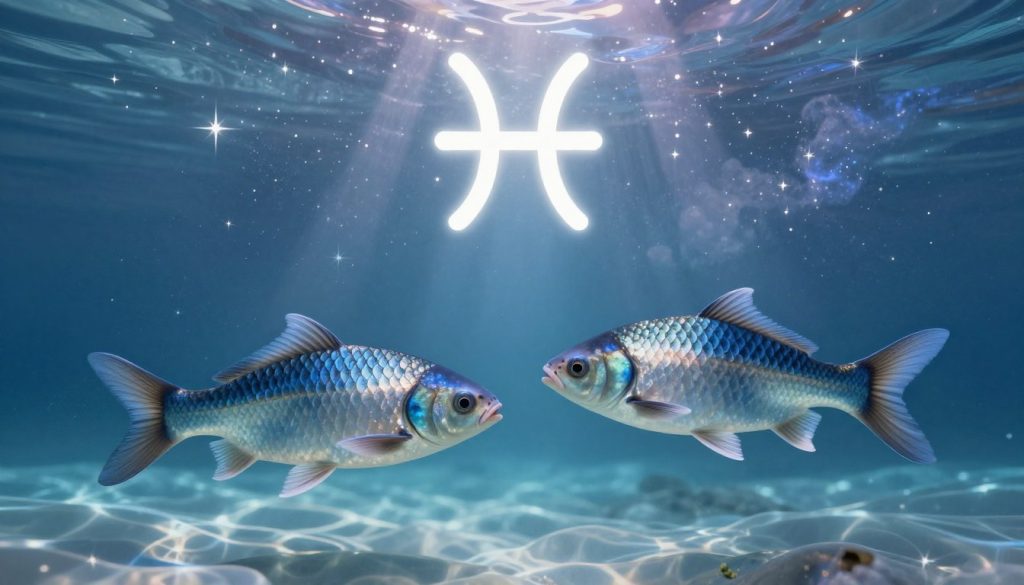 A serene representation of the Pisces zodiac sign, highlighting its characteristics such as empathy, intuition, and creativity. In the foreground, two elegant fish swimming gracefully in a tranquil, flowing water setting. The fish should be detailed, showcasing their shimmering scales in hues of blue and silver, symbolizing emotional depth. In the middle ground, a cosmic backdrop filled with twinkling stars and soft cloud formations, casting a mystic glow. The background reflects a dreamy underwater landscape with gentle waves and light beams filtering through. The lighting is soft and ethereal, creating a calming atmosphere, inviting viewers to connect with the essence of Pisces. The image conveys a balance of tranquility and mystique while emphasizing the fluid nature of the water element associated with this zodiac sign.