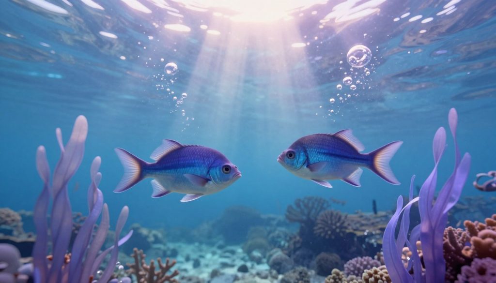 A serene underwater scene representing the Pisces zodiac sign, featuring a dreamy, ethereal atmosphere. In the foreground, two graceful fish swim together, symbolizing companionship and intuition, surrounded by soft, flowing water plants in soft blues and purples. In the middle ground, a gentle light filters through the water, casting shimmering reflections that enhance the tranquil mood. The background consists of distant coral reefs and bubbles rising to the surface, evoking a sense of calm and fluidity. The overall lighting is soft and diffused, reminiscent of dawn underwater. Capture the essence of Pisces personality traits: empathetic, artistic, and introspective, creating an image that is visually captivating and perfectly aligned with astrological themes.