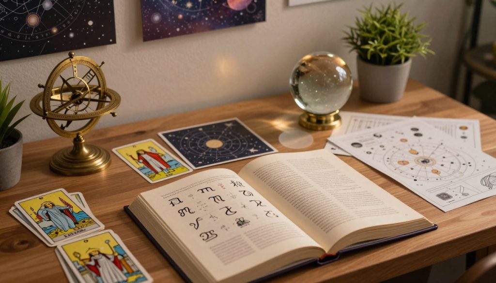 A serene workspace filled with astrology resources and tools, featuring an open astrology book displaying zodiac signs and horoscopes prominently in the foreground. Surrounding the book are a neatly arranged set of tarot cards, a vintage astrolabe, and a crystal ball reflecting soft ambient light. In the middle ground, a wooden desk with astrological charts and charts of the solar system sprawled out, alongside a small potted plant to add a touch of nature. The background showcases a softly illuminated wall decorated with dreamy celestial patterns, creating a mystical atmosphere. The lighting is warm and inviting, with soft shadows enhancing the details of the tools. The angle is slightly overhead, capturing the intricate design of the astrological items and the peaceful ambiance ideal for insights into birthdays and zodiac signs.