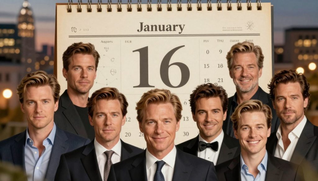 A sophisticated collage featuring renowned celebrities born on January 16th, depicted in an elegant setting. In the foreground, vibrant close-up portraits of these celebrities, including a mix of actors, musicians, and public figures, all dressed in formal business attire to reflect professionalism. The middle ground showcases a stylized, vintage calendar page highlighting January 16th, with subtle astrological symbols representing Capricorn and Aquarius, to emphasize the horoscope theme. The background is a softly blurred cityscape at dusk, illuminated by warm golden lights, creating a celebratory mood. The lighting is soft and inviting, with a shallow depth of field that draws focus to the portraits, enhancing their distinctive features while encapsulating the essence of celebration and recognition on this date.