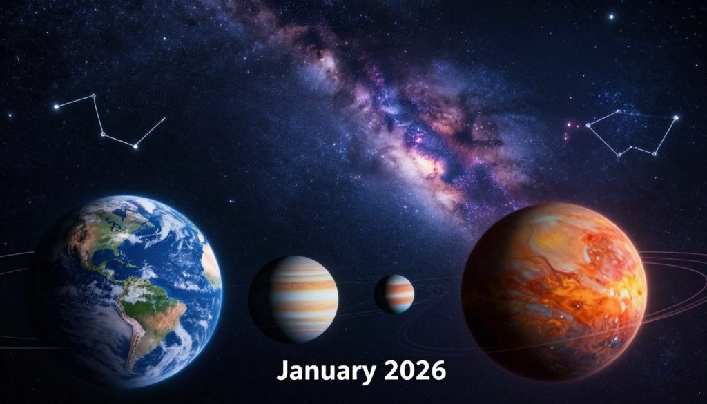 A stunning celestial scene depicting the planetary movements for January 2026. In the foreground, a vibrant representation of the solar system with detailed planets like Earth, Mars, and Jupiter, each showcasing their distinct colors and textures. In the middle ground, a starry night sky with twinkling stars, and constellations outlined softly. The background features a glowing Milky Way galaxy, adding depth and a sense of infinity. The lighting is soft and ethereal, creating a mystical atmosphere. Incorporate subtle gradients of blue and purple to enhance the cosmic feel. The perspective should be slightly tilted upward, as if gazing at the heavens, evoking awe and wonder at the celestial movements.