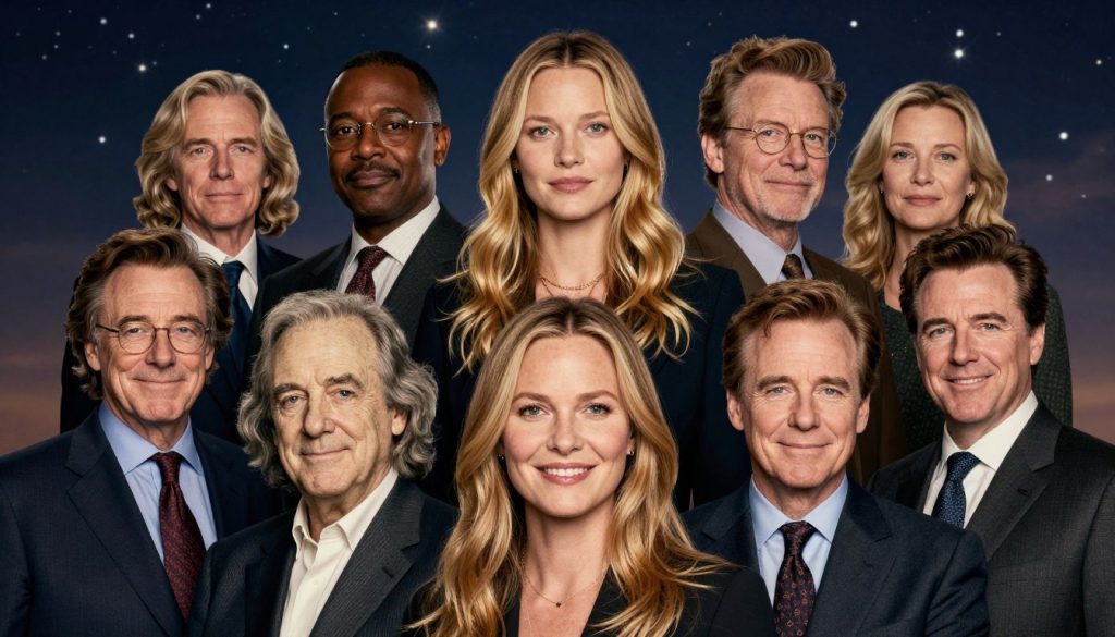 A stunning portrait featuring a diverse group of famous individuals born on January 17, including historical and contemporary figures like Benjamin Franklin, Kate Moss, and Jim Carrey. The composition should place them in a circular arrangement, symbolizing connection and influence. In the foreground, they are dressed in professional business attire, exuding confidence and charisma. The middle layer shows a softly blurred background of a starry sky, hinting at horoscopes and destiny. The lighting is warm and inviting, creating a sense of celebration. The angle is slightly elevated, giving viewers a comprehensive view of the gathering while focusing on their expressions and interactions. The overall mood is inspirational, reflecting the impact these individuals have had on history and culture.