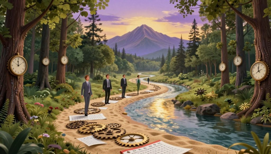 A surreal landscape depicting the concept of "navigating time and life journey." In the foreground, a winding path made of clock gears and calendar pages leads through a lush, vibrant forest filled with trees that have clock faces for trunks. In the middle ground, a gentle river of flowing sand symbolizes the passage of time, reflecting soft golden light. Ethereal figures in professional attire, symbolizing guides or mentors, are seen navigating along the path, with expressions of determination and curiosity. In the background, ethereal mountains rise majestically towards a twilight sky filled with soft hues of purple and gold, suggesting hope and reflection. The atmosphere is serene yet filled with a sense of adventure, capturing the essence of life's journey through time.