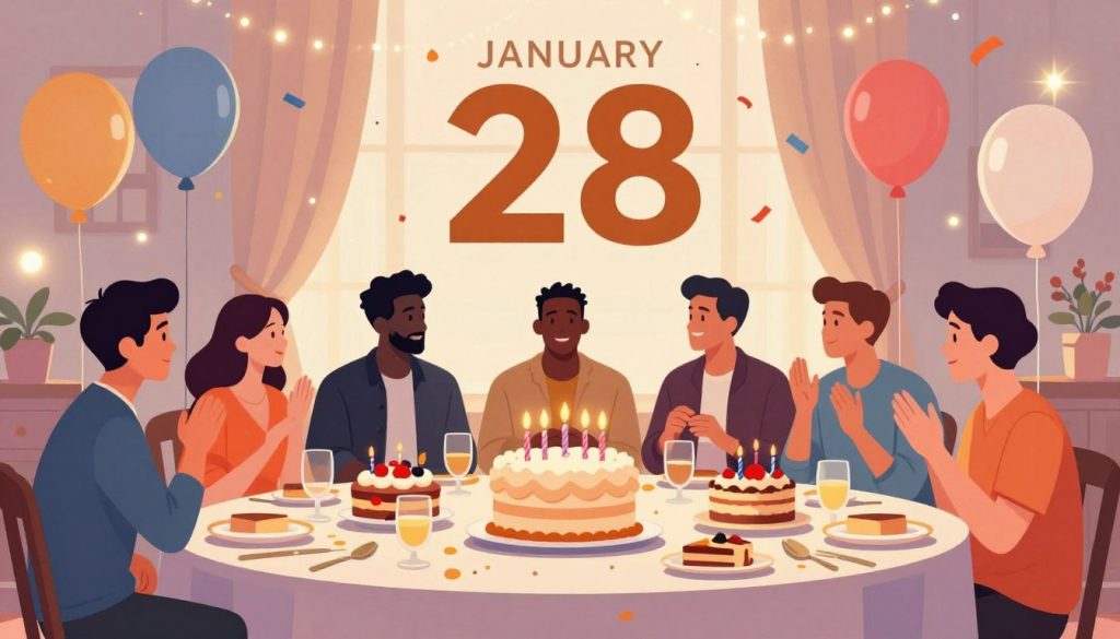 A vibrant and colorful illustration featuring a celebration of celebrity birthdays specific to January 28. In the foreground, create a stylish table adorned with birthday cakes and desserts, each topped with candles, surrounded by elegant party decorations. Include silhouettes of renowned celebrities from various fields like music, film, and sports, depicted in modest casual clothing, engaging in joyful conversation. In the middle ground, showcase an artistic display of iconic birthday-related elements, such as balloons and confetti, enhancing the celebratory mood. The background should present a softly lit room with shimmering lights, creating a festive atmosphere. Incorporate warm ambient lighting to evoke a sense of happiness and festivity, with a focus on generating a sense of camaraderie and celebration among the guests. Aim for a polished and professional composition, capturing the essence of celebrity birthdays.