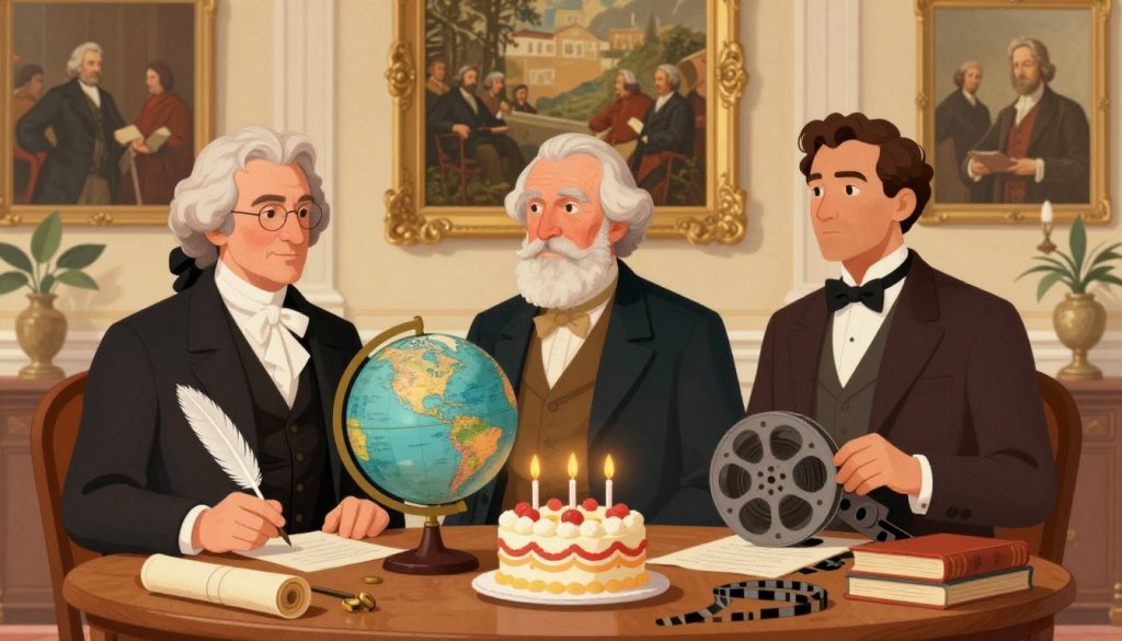 A vibrant and detailed illustration showcasing notable historical figures born on January 25th, portrayed in an elegant setting. In the foreground, three diverse individuals dressed in professional business attire: a famous poet with a quill, a renowned scientist with a globe, and a celebrated actor holding a film reel. The middle ground features a luxurious wooden table adorned with historical artifacts like scrolls, books, and a birthday cake with candles, symbolizing the celebration of their contributions. In the background, a softly lit room with vintage decor, including paintings of epochal events related to these figures. The mood is inspirational and reflective, highlighting the significance of their legacies in a warm, inviting light.