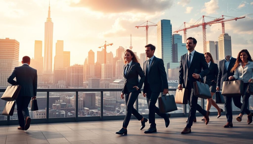 A vibrant and dynamic business scene, captured in a wide-angle lens. In the foreground, a group of professionals in formal attire stride purposefully, briefcases in hand, conveying a sense of career momentum. In the middle ground, a bustling city skyline, with towering skyscrapers and cranes dotting the horizon, symbolizing emerging opportunities. The background is bathed in warm, golden lighting, creating an atmosphere of prosperity and growth. Subtle hints of financial symbols, such as graphs and charts, are woven throughout the composition, further emphasizing the theme of career and business success.
