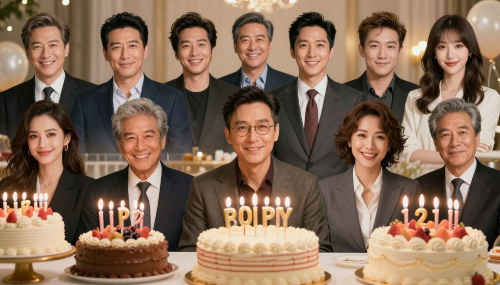 A vibrant and engaging collage celebrating celebrity birthdays and notable figures. In the foreground, feature elegantly arranged birthday cakes adorned with candles, symbolizing different famous personalities. In the middle ground, artfully placed portraits of iconic celebrities, such as actors, musicians, and historical figures, all portrayed in professional business attire or modest casual clothing, radiating positivity and achievement. The background should showcase a festive atmosphere, subtly lit with warm, soft lighting that adds a celebratory glow, creating a joyful mood. Use a shallow depth of field to focus on the foreground, while gently blurring the background elements, enhancing the visual appeal. Capture this scene with a slightly elevated angle to encompass the grandeur of the celebration.