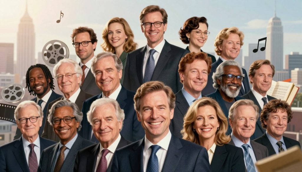 A vibrant and engaging collage featuring famous individuals born on January 21, including renowned historical figures, actors, and musicians, depicted in professional business attire. In the foreground, a charismatic group portrait showcasing their diverse personalities with warm, inviting expressions. The middle layer includes iconic elements associated with their contributions, such as film reels, musical notes, and books. The background features soft, blurred silhouettes of a bustling cityscape, representing their impact on society. The lighting is bright and uplifting, casting a gentle glow that enhances the sense of celebration. The angle is slightly elevated, creating a dynamic perspective that draws the viewer in. The overall atmosphere is one of inspiration and joy, inviting reflection on the unique stories tied to each birthday.
