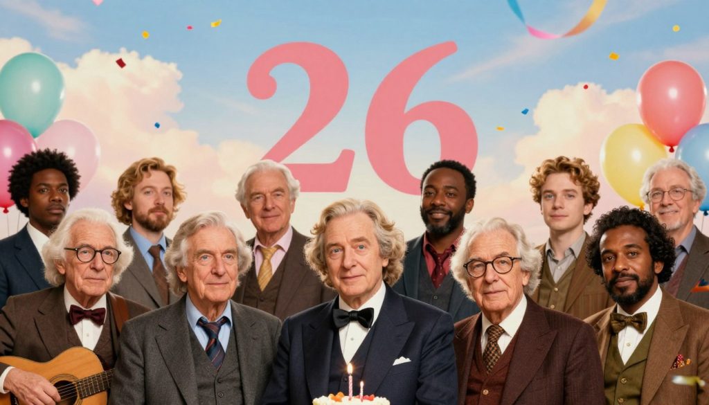 A vibrant and engaging composition celebrating famous birthdays on February 26. In the foreground, depict a diverse group of iconic historical figures from various fields such as music, science, and art, each wearing professional attire, representing their eras. In the middle ground, include birthday cake and balloons, subtly blending in elements that symbolize celebration, like confetti and colorful streamers. The background features a bright, cheerful sky with soft clouds, creating a festive atmosphere. Use warm, inviting lighting to evoke a sense of joy and nostalgia. The angle should be slightly elevated, giving an overview of the scene while maintaining focus on the figures, capturing the essence of celebration and remembrance in a harmonious setting.