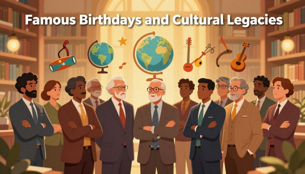 A vibrant and engaging illustration representing "Famous Birthdays and Cultural Legacies." In the foreground, a diverse group of prominent historical figures from various cultures, dressed in professional business attire, stands confidently. They are engaged in a thoughtful discussion, embodying their legacies. The middle ground features iconic symbols of their contributions, such as a globe, musical instruments, and artistic tools, interspersed with elements representing different cultures. The background showcases a softly lit library with bookshelves, signifying knowledge and history. Warm, ambient lighting casts a golden hue, creating an inviting atmosphere that inspires reflection. The overall composition should be harmonious, portraying a celebration of influential lives and their lasting impact on the world. Use a 50mm lens for a subtle depth of field, enhancing focus on the subjects.