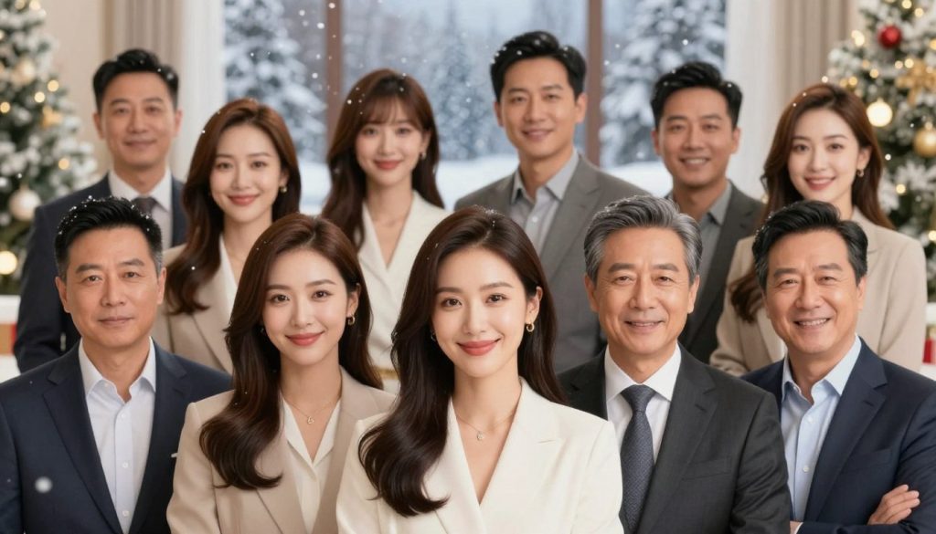 A vibrant and engaging portrayal of famous people born on December 30, set in a harmonious composition. In the foreground, include lifelike representations of notable celebrities, dressed in professional business attire, showcasing their distinct features and personalities. In the middle ground, create a subtle backdrop of a festive celebration, with soft lighting illuminating the scene, hinting at a New Year’s Eve atmosphere. The background should feature elements of a winter landscape, sprinkled with light snowflakes to add a touch of seasonal charm. Capture the overall mood as cheerful and inspiring, with warm hues creating an inviting ambiance. Use a soft focus lens effect for a dreamy quality, ensuring each figure stands out while still blending seamlessly into the celebratory context.