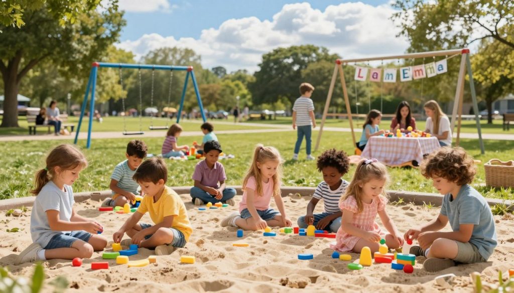 A vibrant and engaging scene capturing Generation Alpha children in a park, playing joyfully with toys and learning tools that symbolize popular baby names of their generation. In the foreground, a diverse group of children, both boys and girls, ages 5 to 10, are interacting, wearing colorful clothing and engaging with educational activities. The middle ground features playful activities like a sandbox, a swingset, and a picnic setup with name-themed decorations, such as letters forming names like "Liam" and "Emma." The background showcases a bright blue sky with fluffy clouds, trees, and families enjoying the day. The lighting is warm and inviting, reflecting a cheerful daytime atmosphere. Focused, soft depth of field to draw attention to the children while hinting at the lively park setting behind them.