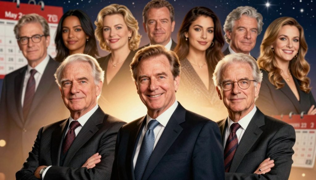 A vibrant and engaging scene showcasing a collage of famous individuals born on May 2nd, including a mix of historical figures and contemporary celebrities. In the foreground, three notable individuals from different eras stand side by side, each in professional business attire, exuding charisma and confidence. The middle ground features icons in softer focus, offering a sense of depth, while the background includes subtle hints of calendar pages and starry night sky effects, symbolizing horoscopes. Use warm, inviting lighting to create a celebratory atmosphere, with a slight soft glow surrounding the subjects. Capture the scene from an eye-level angle to emphasize connection and importance, ensuring the composition radiates an inspiring and reflective mood suitable for the article's theme.