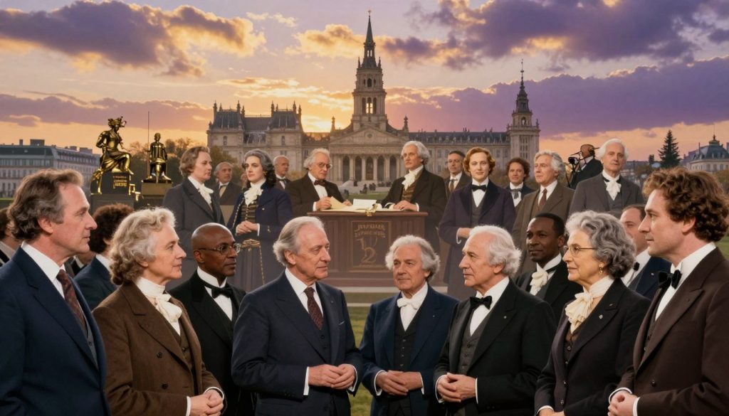 A vibrant and historical collage representing significant events and notable figures born on February 2. In the foreground, a well-dressed, diverse group of historical figures, including politicians and artists from different time periods, stand together engaged in conversation. The middle layer features iconic moments from history, such as a depiction of the signing of important treaties and cultural milestones, artistically blended together. The background showcases a soft skyline with clouds at sunset, casting warm golden and purple hues, creating a reflective mood. The lighting is soft, emphasizing the characters' expressions and creating a sense of nostalgia. Shot from a slightly elevated angle to capture the depth in the scene, the image invites viewers to ponder the significance of this day in history, all while maintaining a professional and respectful atmosphere.