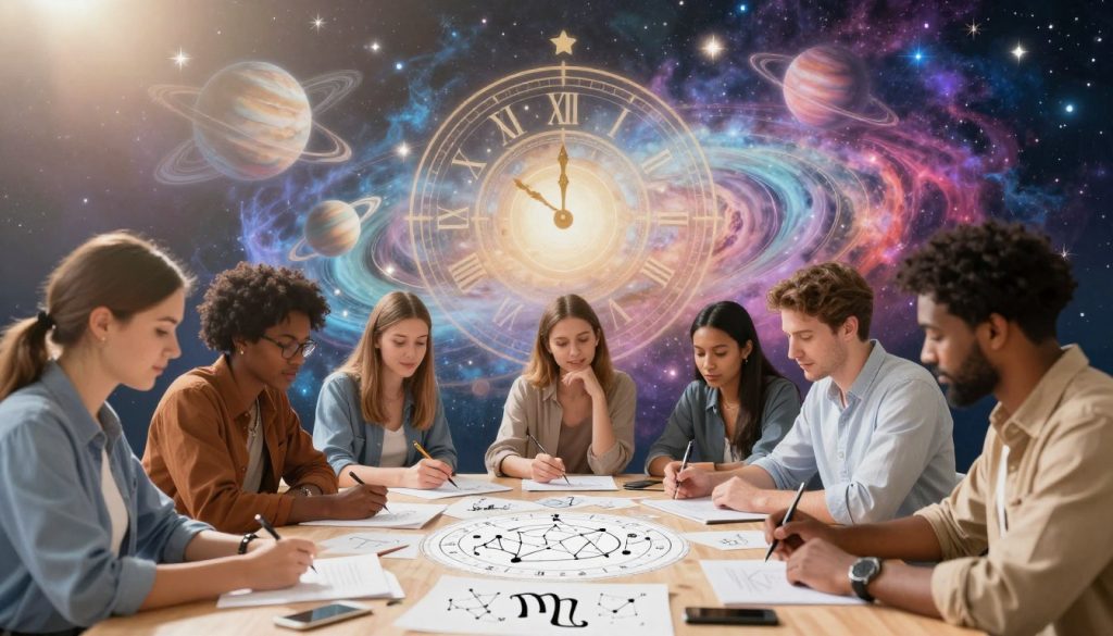 A vibrant and imaginative scene representing modern astrology trends, creativity, change, and energy. In the foreground, a diverse group of young adults in professional casual attire is engaging in an artistic brainstorming session, surrounded by sketches and symbolic astrological elements like constellations and zodiac signs. In the middle ground, a large celestial clock intertwines with a cosmic landscape, where planets and stars are dynamically swirling, symbolizing change. The background features an ethereal, dreamlike night sky filled with colorful nebulae and bright stars, illuminated by soft moonlight. The lighting is warm and inviting, enhancing the atmosphere of collaboration and inspiration, with a slight lens flare to add a touch of magic. The mood is energetic and creative, urging viewers to explore new horizons in astrology.