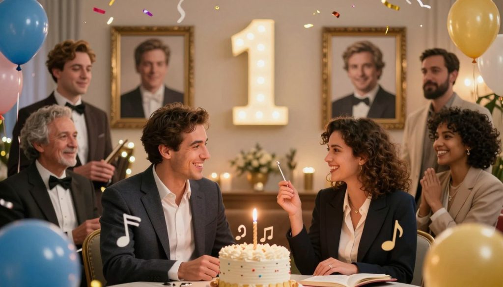 A vibrant and inspiring composition featuring famous figures born on January 1, illustrating a diverse group of historical characters and modern icons in a celebratory setting. In the foreground, showcase a well-dressed man and woman engaging in a cheerful conversation, surrounded by symbolic elements representing their achievements, like music notes for a musician and a book for an author. The middle ground can display portraits of other notable figures, such as actors and musicians, elegantly framed, with a cozy party atmosphere conveyed by soft, warm lighting. In the background, depict a festive New Year celebration with colorful balloons and confetti, softly blurred to add depth. The overall mood is joyful and celebratory, encapsulating the significance of their birthdays. Capture the essence with a lens that creates a slight bokeh effect, enhancing the lively yet professional ambiance.