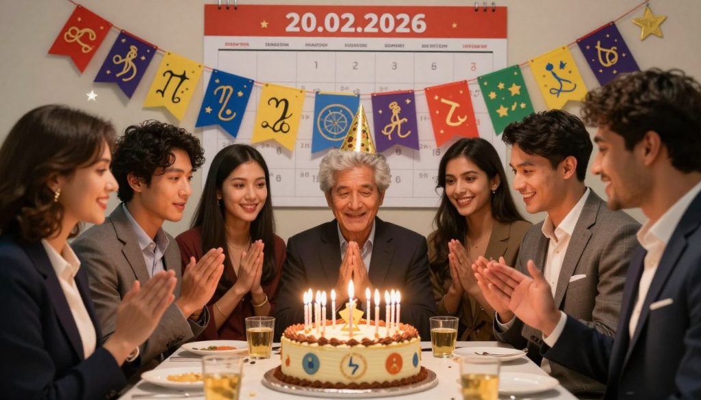 A vibrant and visually captivating scene depicting the cultural and social impacts of birthday and horoscope traditions. In the foreground, a diverse group of people, dressed in professional business attire, are gathered around a richly decorated birthday cake adorned with astrological symbols and candles, celebrating a birthday. In the middle, colorful decorations featuring zodiac signs and star motifs hang from a festive backdrop, creating an atmosphere of joy and unity. In the background, a large calendar page reveals the date "20.02.2026" with historical events and famous birthdays listed, subtly integrated. The lighting is warm and inviting, with soft shadows enhancing the festive mood. The image captures a sense of celebration, cultural diversity, and the significance of traditions surrounding birthdays and horoscopes, all framed in a balanced, dynamic composition.
