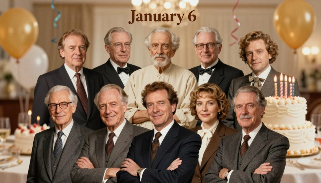 A vibrant, artistic collage capturing the essence of famous birthdays on January 6. In the foreground, feature well-dressed individuals representing iconic figures born on this day, ideally in professional business attire. Their poses should convey celebration and legacy. In the middle ground, incorporate symbolic elements associated with each figure, such as a signature item or a scene reflecting their achievements. The background should depict a warm, inviting atmosphere, with soft golden lighting that suggests nostalgia and historical significance. Use a slightly blurred view of a festive celebration, like a birthday cake or streamers, to evoke a cheerful yet respectful mood, creating an overall feeling of honoring history and legacy.